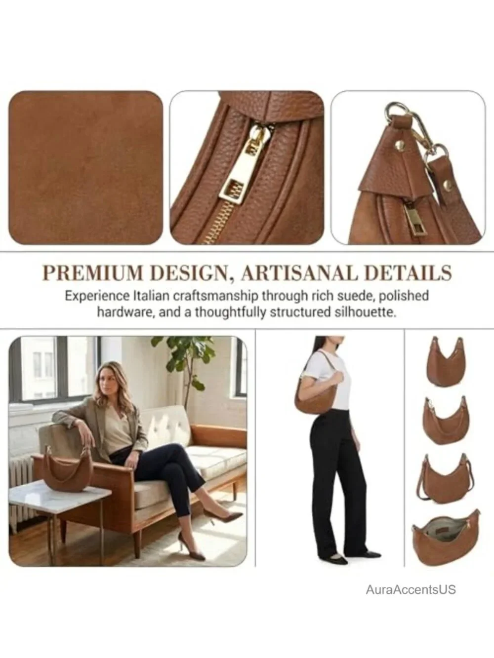 100% Genuine Leather Crescent Hobo Bag Convertible Crossbody Purse